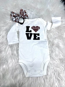 Foot Ball heart Long sleeve top and Bow set 3-6 month I love football baby set - Picture 1 of 4
