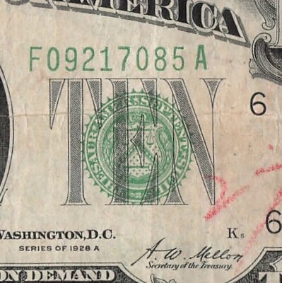 1928 A Atlanta Ten Dollar Bill F09217085A Gold Clause Pin Holes - Image 1 of 4