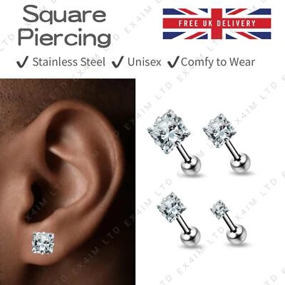 Men Stud Earrings Piercing Cartilag Clear Gem Silver Ball Flat Back Helix Men's - Image 1 of 4