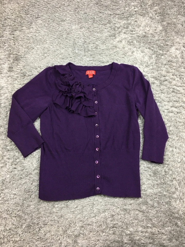 Elle Button Cardigan Sweater Womens Size XS Extra Small Purple 3/4 Sleeve - Imagem 1 de 4