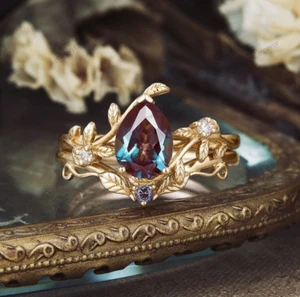 Alexandrite 925 Sterling Silver Ring, Dual Band Engagement Ring, Bridal Ring Set - Picture 1 of 9