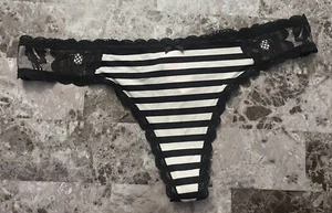 BODY BY VICTORIA'S SECRET L SMOOTH BLACK WHITE STRIPE LACE RARE THONG PANTIES - Picture 1 of 3