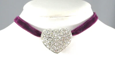 NwT MONET Purple Velvet Clear Rhinestones Puffy Heart 15" Choker Necklace 8390 - Image 1 of 4