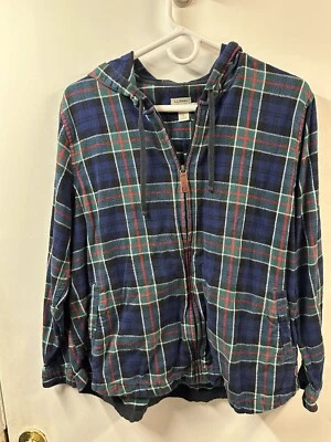 LL Bean Blue Green Scotch Plaid Flannel Hoodie Women’s Lp Full Zip Relaxed Fit - Image 1 of 4