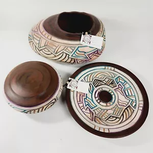 3 Piece Steven Kaye Pottery Matching Set Pot Plate & Covered Bowl 2002 Tag Kalix - Picture 1 of 24