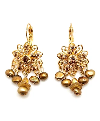 Pendientes Kirks Folly Chapados en Oro Floral Perla de Agua Dulce Champagne Estrás Foto 1 de 4