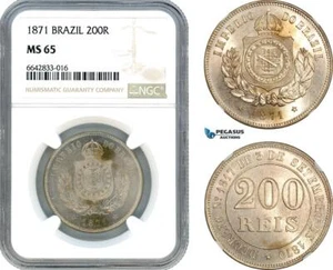 AJ225, Brazil, Pedro II, 200 Reis 1871, NGC MS65 - Picture 1 of 1