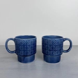 Blau Keramik Geometrisch Tassen Japan Retro Stapelbar Kaffeetassen Boho Vintage 2er Set - Bild 1 von 8
