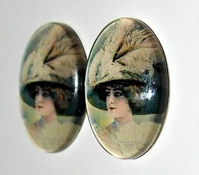 8 Vintage Multi-Colored 25x18mm Victorian Woman Feather Hat Glass Cameo Cabochon - Image 1 of 4