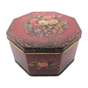 Vintage Red Octagonal Floral Tin Box–Made in England Toleware-Style Decor  - Picture 1 of 8