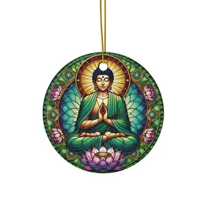 Buntglas Buddha Ornament mit Lotus und grünen Details auf Keramik gedruckt - Bild 1 von 4