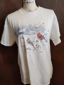 T-shirt maglietta vintage donna media cardinale uccellino bianco Gildan pesante invernale - Foto 1 di 5