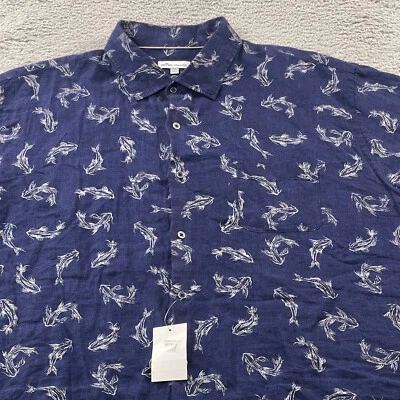 Peter Millar Shirt Mens 2XL 100% Linen Fish Print Blue Seaside Untucked NEW - Image 1 of 4