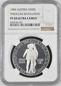 1984 Austria Silver 500 Schilling Tyrolean Revolution - NGC PF 68 UC - Picture 1 of 2