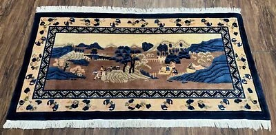 Antique Chinese Pictorial Rug 2.7 x 5 Village and Hills Beige Dark Blue Handmade - Image 1 of 4