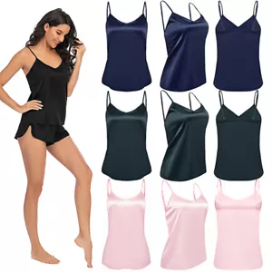 Ladies Pajamas Silky Satin Stretchy Pajama Pajamas Shorts Sleepwear New - Picture 1 of 16