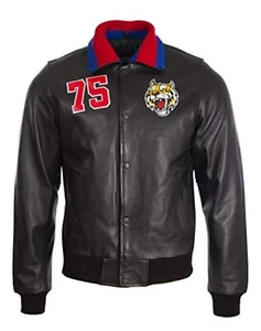 Aviatrix Men s Real Leather Fashion Bomber Jacket with Tiger Badge Black XL - Picture 1 of 3