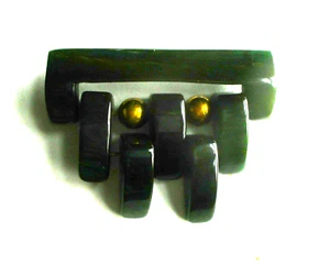VINTAGE 1930'S ART DECO ARTICULATED CARVED GREEN BAKELITE GEOMETRIC BROOCH - USA - Picture 1 of 3