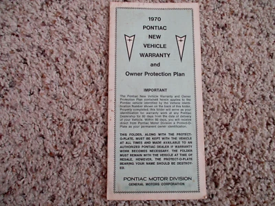 1970 Pontiac GTO Factory GM Original Blank Owners Warranty Brochure GM# 479588 - Image 1 of 2