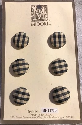 6 MIDORI Domed BLACK & BEIGE Plaid Fabric Covered Buttons 1 Card 19mm 3/4" - Image 1 of 2