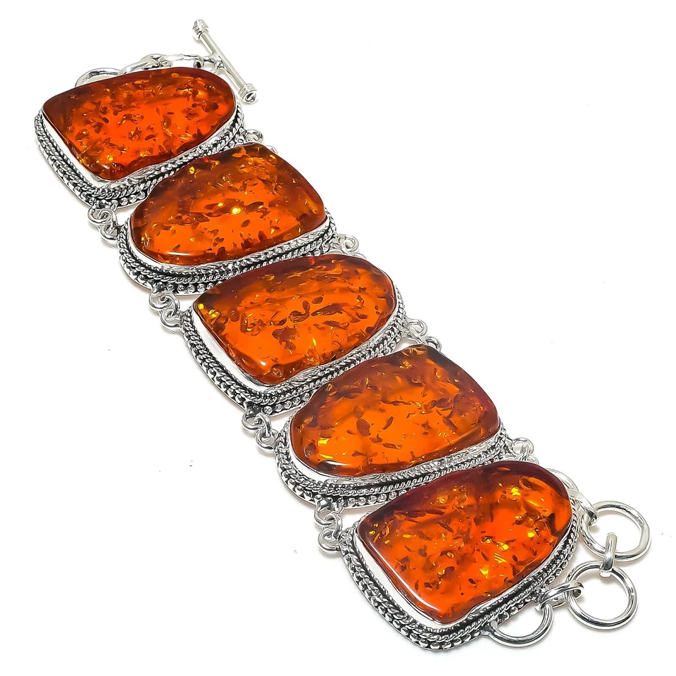 Baltic Amber Slice Gemstone 925 Sterling Silver Handmade Bracelet AAA+ Jewelry - Image 1 of 4