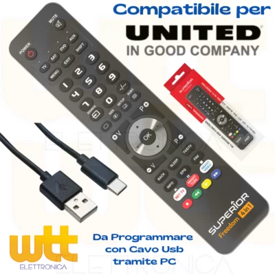 Telecomando UNITED universale per UNITED Tv Decoder Ricevitori 4in1 Programmabil - Immagine 1 di 4