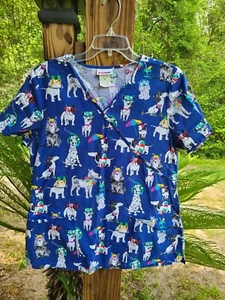 UA SCRUBS CUTE DOGGIE PRINT SCRUB TOP SIZE MEDIUM BLUE MULTI COLOR EXC. COND. - Picture 1 of 4