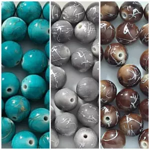 12mm Round Beads, Drizzle Beads, Brown, Grey, Turquoise, Pack Of 30 - Picture 1 of 7