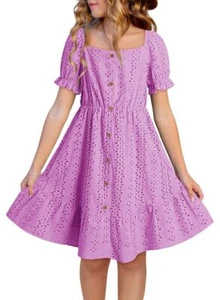 Summer Dresses for Girls Casual Eyelet Puff Sleeve Button Down A-line Flowy D... - Picture 1 of 6