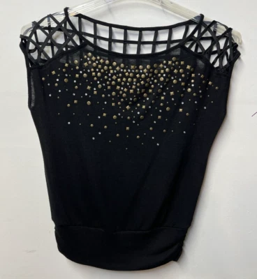 Women’s Size S Black Shirt Lattice Cutouts and Beaded Embellishments Rock Grunge - Image 1 of 4