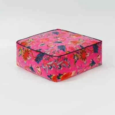 Pink Floral Printed Velvet Square Ottoman Cover Throw Big Size Ottoman Cover - Image 1 of 2