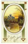 Vintage Postcard "A Happy Christmas" Castle on a lake with a Swan