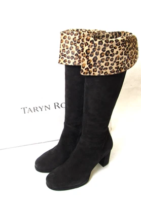 $985 Taryn Rose Italy Black Waterproof Suede Leopard Boots, Size 40 / 9.5 NEW - Image 1 of 4