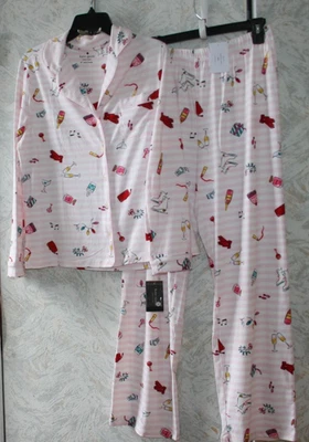 KATE SPADE HOLIDAY Navidad 2 Piezas Pijama Conjunto Mediano Top y Pantalones Rosa Botones Nuevo con Etiquetas Foto 1 de 3