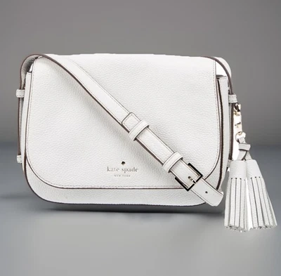 Kate Spade 白色鹅卵石皮革 Penelope 马鞍斜挎包单肩包 带流苏 — 第 1/4 张图片