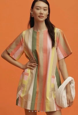 EUC Anthropologie Maeve Emmy Mini Swing Dress Rainbow Bold Stripe Petite XS Cute - Image 1 of 4