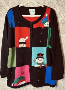 Quacker Factory 1X Snowman Patchwork Christmas Cardigan Sweater Beaded Pom Pom - Picture 1 of 10