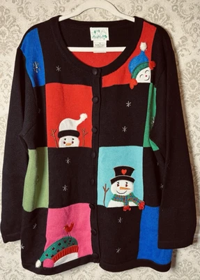 Quacker Factory 1X Snowman Patchwork Christmas Cardigan Sweater Beaded Pom Pom - Image 1 of 4