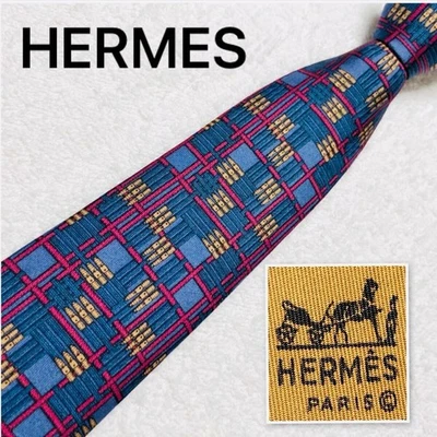 Excellent Condition HERMES Tie Check 100 Silk Made in France Blue x Red x Beige - Image 1 of 4