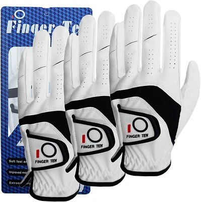 FINGER TEN Men Golf Gloves Left Hand Right 3 Pack Leather Grip Soft Fit XL M Large 2XL 3XL