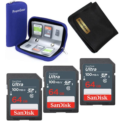 SanDisk 64GB Ultra SDXC UHS-I Memory Card (3 Pack) + 22 Slot Card Wallet & Cloth - Image 1 of 4