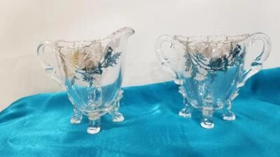 Vintage Silver City Flanders Silver Overlay Glass 4 Footed Creamer & Open Sugar - Изображение 1 из 3