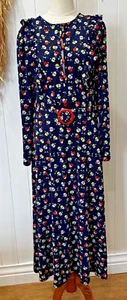 Leona Edmiston | Navy floral long sleeve, belted, long jersey dress | Size: 2 - Picture 1 of 8