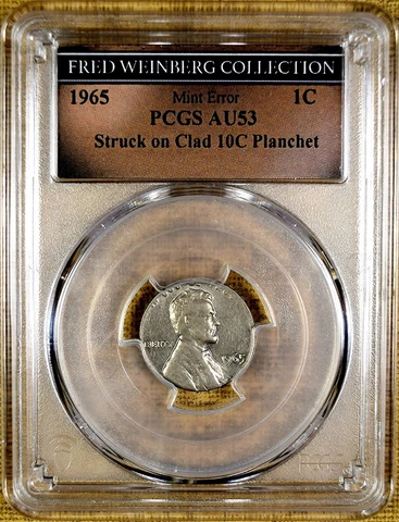1965 PCGS AU53 Lincoln Cent MINT ERROR Struck On Clad Dime Planchet - SCARCE !!! Cover