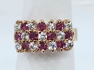 Designer 3-Row Natural Rubies & CZ Rose Gold Over Sterling Silver Ring Size 6 - Picture 1 of 10