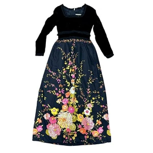 Vtg 60 70's Futura Couture Black VELVET Floral SATIN Dress Avant Garde MAXI XS - Picture 1 of 10