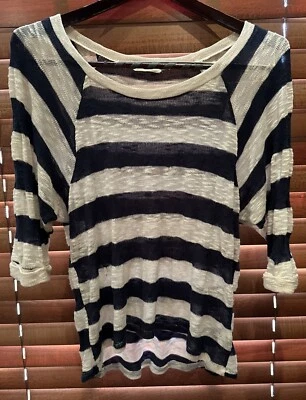 Lush Women's Navy Blue & Cream Striped Knit Wide Neck Shirt Size Medium - Image 1 of 4