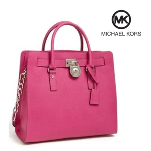 Michael Kors Hamilton Large Pink Fuschia Saffiano Leather Satchel Shoulder Bag - Picture 1 of 12