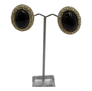 (Signed) Vintage CINER Gold Tone & Onyx Clip-on Earrings - Picture 1 of 3