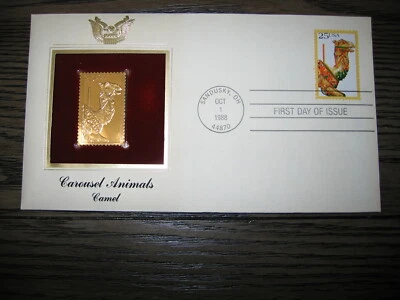 1988 CAROUSEL ANIMALS CAMEL FDC FDI 22kt Gold GOLDEN Cover Replica Stamp - Image 1 of 2